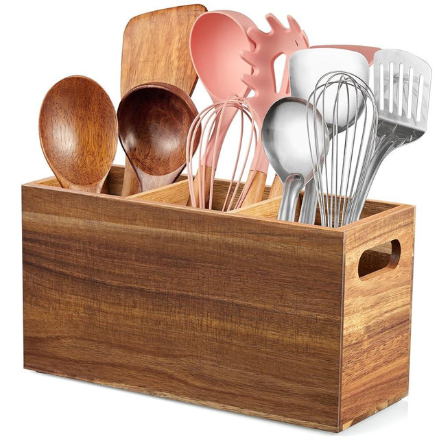 ALELION Acacia Wood Utensil Holder for Kitchen Counter - 3 Compartment Large Kitchen Utensil Caddy Organizer for Countertop - Kitchen Tool Holder for Spatula - Farmhouse Kitchen Decor Accessories