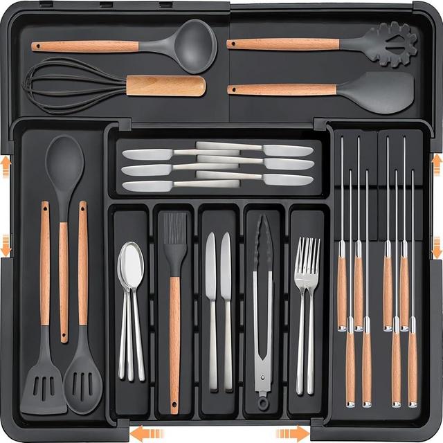 Homecor Silverware Organizer - Expandable Large Kitchen Drawer Organizer Utensil Organizer with 2 Removable Knife Blocks, 22"x 19"Cutlery Tray Drawer Dividers for Kitchen Flatware(6-9 Slots) (Black)
