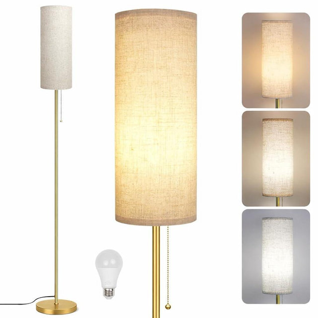 Ldeco Modern Floor Lamp for Living Room, Gold Standing Lamps with 3 Color Temperatures Bulb, Minimalist Tall Lamp with Chain Switch for Bedroom, LED Bulb Included(Beige Shade+Gold)