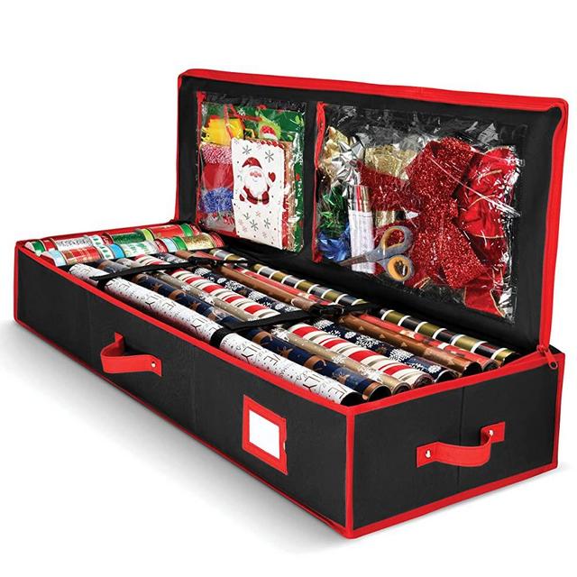 HOMIOR Gift Wrap Organizer, Christmas Wrapping Paper Storage Bag w/Useful Pockets for Xmas Accessories, Fits Upto 24 Rolls, Underbed Storage for Holiday Decorations, Large Capacity Storage Box