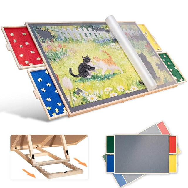 1500 Pieces Tilting & Rotating Puzzle Board, with Non-Slip Tabletop & Protective Cover, Sort-Wise Colorful Felt Drawers, Portable Wooden Jigsaw Puzzle Table for Adults, Birthday Gifts for Mom