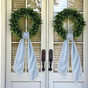 DYSHAYEN Wreath Sash for Front Door,Canvas RIC Rac Trim Wreath Accessories for Yard Doorway Indoor Outdoor Bridal Shower Xmas Home (Blue Gingham-White Trim)