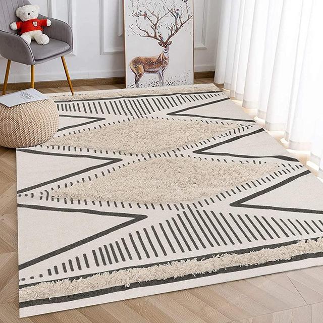 Tufted Geometric Cotton Woven Rug, 4’x6’ Cream Shaggy Runner Area Rug Machine Washable Hallways Floor Mat Indoor Outdoor Carpet for Living Room Bedroom Kitchen Dining Room