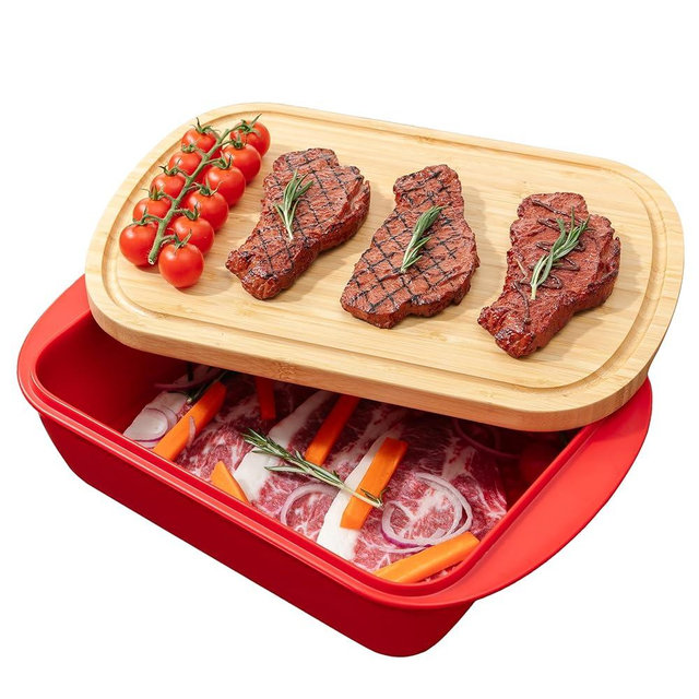 ZAROCRUS Marinade Container with Wood Lid Cutting Board, Grill Prep and Serve Tray, 2 Pcs Set, Stackable Melamine Serving Tray & Wood platter, BBQ Prep Tub & Marinating Serving platters, Red