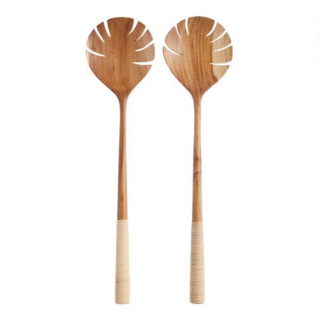 Large Teak and Rattan Monstera Leaf Servers 2 Piece Set