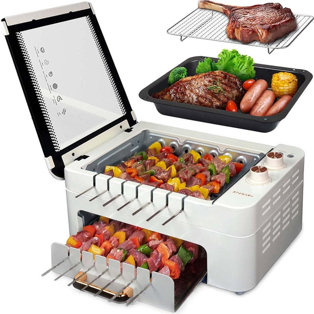 XHJ Indoor BBQ Kabob Skewers Grill,Smokeless Auto 360° Rotating Electric Barbecue Skewers Rotisserie,3 In 1 Indoor Electric Tabletop Grill with Removable Lid,Dual Zone Cooking