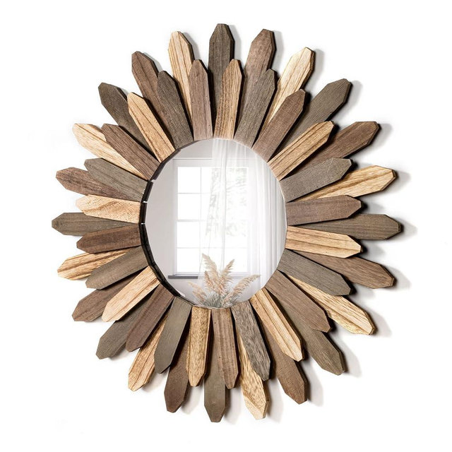 Honiway Boho Wall Decor 21 inch Wall Mirror Rustic Wood Decorative Mirror for Room Decor Rustic Home Decor Farmhouse Wall Decor at Living Room Bedroom Bathroom Hallway Trilcolor