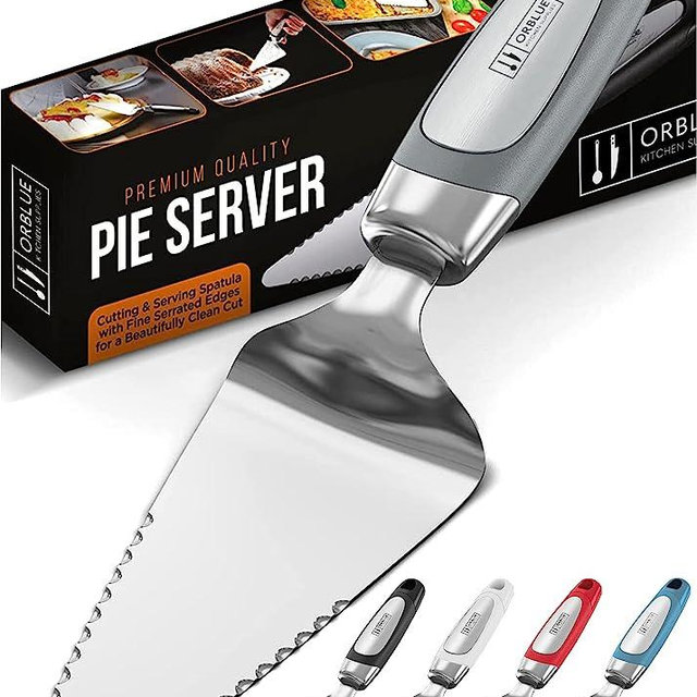 Orblue Pie Server, Essential Kitchen Tool, Serrated on Both Sides, Great for Right or Left Handed Chef, Stainless Steel Flatware, Cake Cutter, Gray