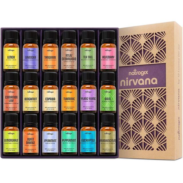Natrogix Nirvana Essential Oils - Top 18 Essential Oil Set 100% Pure Therapeutic Grade 18/10ml Incl. Lavender, Moroccan Rosemary, Tea Tree, Eucalyptus, Lemongrass and 13 More w/Free E-Book