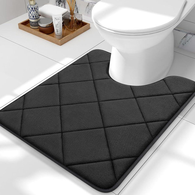 OLANLY Memory Foam Toilet Rugs U-Shaped 24x20, Ultra Soft and Absorbent Bathroom Rugs, Machine Washable Quick Dry, Comfortable Bathroom Contour Bath Mats for Toilet Base, Black