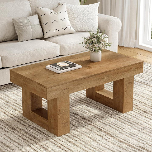 Vagaconl Rectangular Coffee Table, Heavy Duty Center Tables with Annual Ring Pattern, Farmhouse 42 Inch Wooden Coffee Table w Thick U-Shaped Base, Rectangle Side Tables for Living Room, Honey Brown