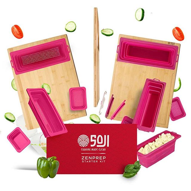 Soji Zenprep Extra Large Bamboo Cutting Board With Containers (Set Of 9) - Over The Sink Chopping Board With Collapsible Strainers - Meal Prep Station For Meat, Cheese And Vegetable (15x20in)