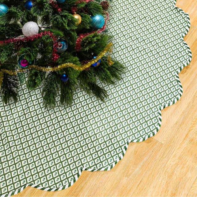 MiniInflat Christmas Tree Skirt Cotton Floral Block Tree Skirt in Nature Color for Home Xmas Party Seasonal Holiday Decoration Indoor Outdoor(48 Inch,Green)