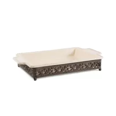 The GG Collection Original Scrolled Acanthus Ceramic Cream Baking Dish with 16-in By 10-in Metalwork Server