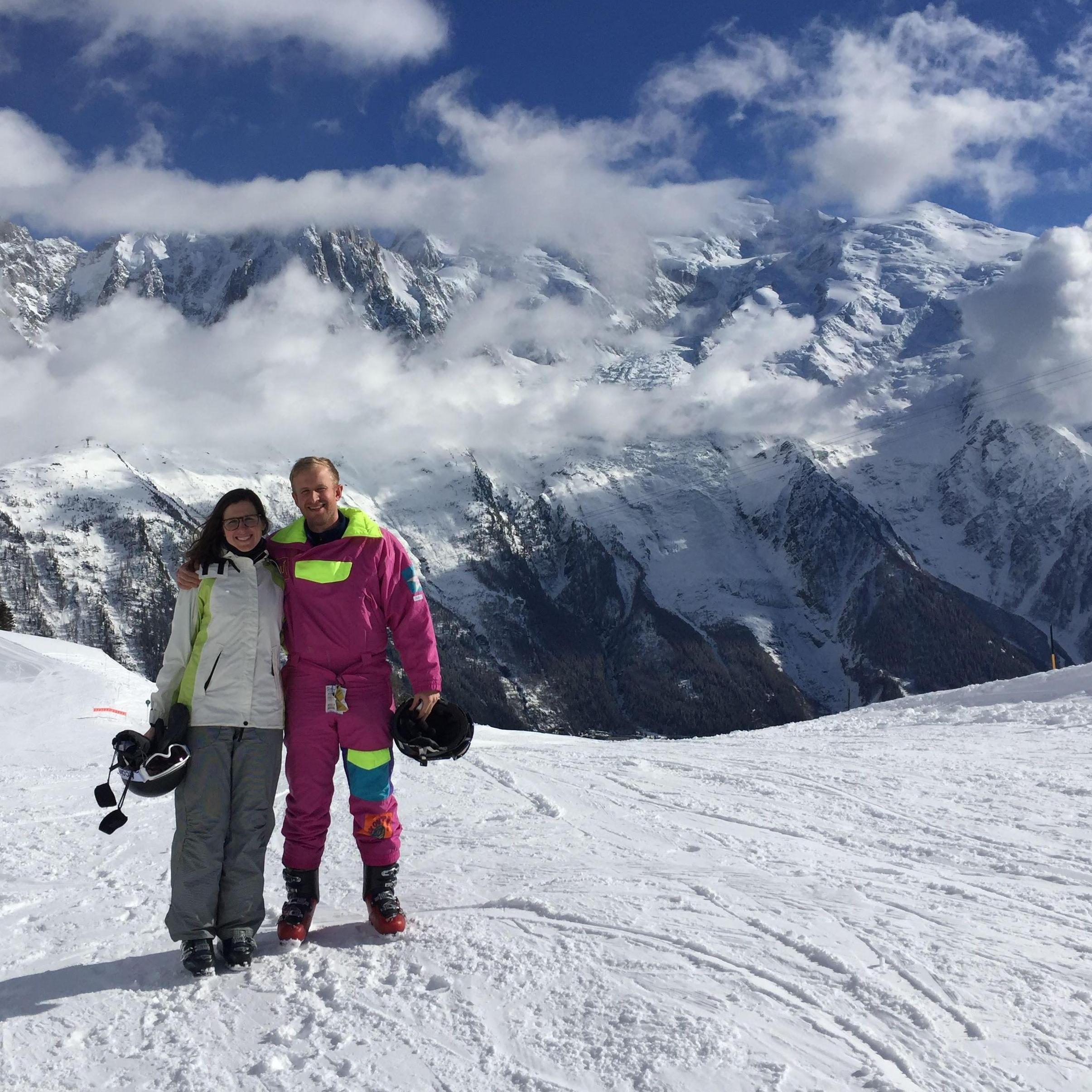 The Alps - Nicky in his classic onesie. Tess in "airline-lost-her-luggage" attire