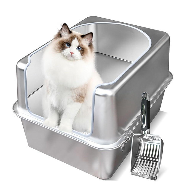 Aothey Stainless Steel Litter Box with Metal Lid and Scoop - Enclosed Metal Litter Box for Large Cats, Rust-Resistant, Odor-Control, Easy to Clean, Durable & Long-Lasting with Round Edge (L)