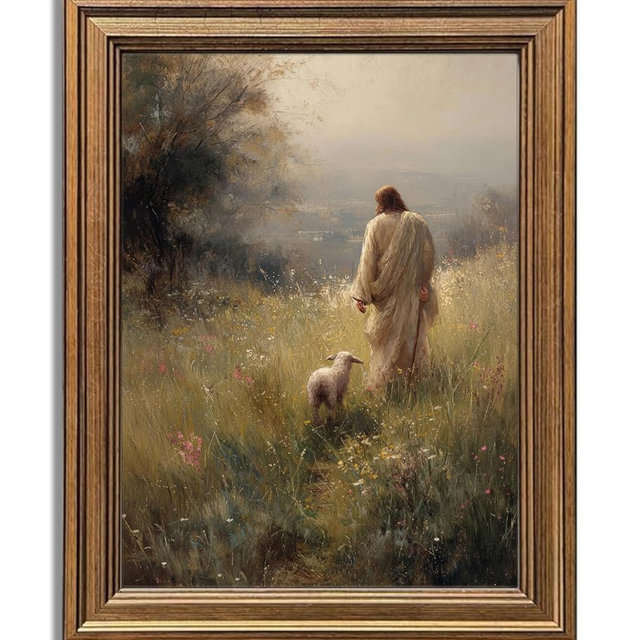 Gold Framed Jesus Leaves The 99 Sheep Canvas Wall Art Boho Christian Landscape Pictures Wildflowers Painting Jesus and Lamb Wall Decor Bible verse Prints for Bedroom Prayer Room Church Home