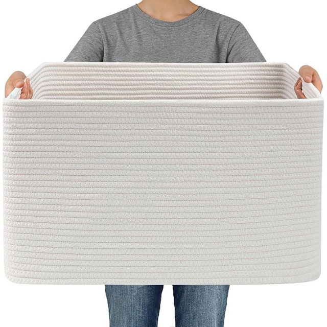 JMvicyroam Woven Blanket Basket,65L Large Storage Bin for Blankets Toys Clothes,Decorative Rope Basket for Living Room Bedroom with Handles, White