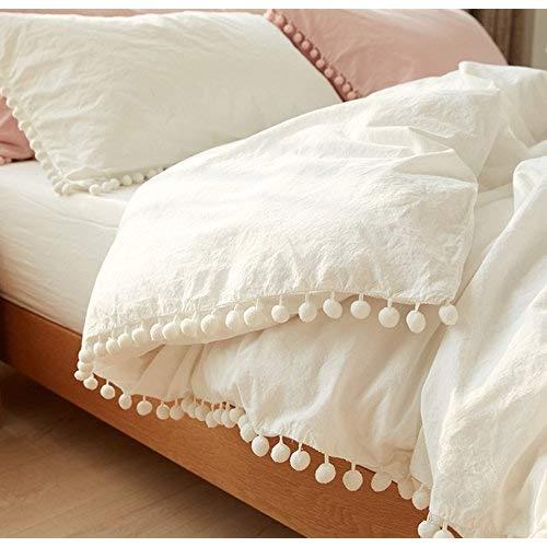 White Pom Pom Fringed Cotton Duvet Cover Full Queen/King (96inL104inW)