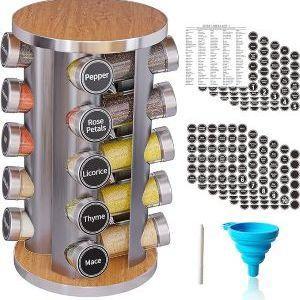 Revolving Spice Rack Set with 20 Spice Jars, Kitchen Spice Tower Organizer for Countertop or Cabinet -- Carousel Storage Includes 386 Spice Labels -- Desktop Rotating Seasoning Organizer