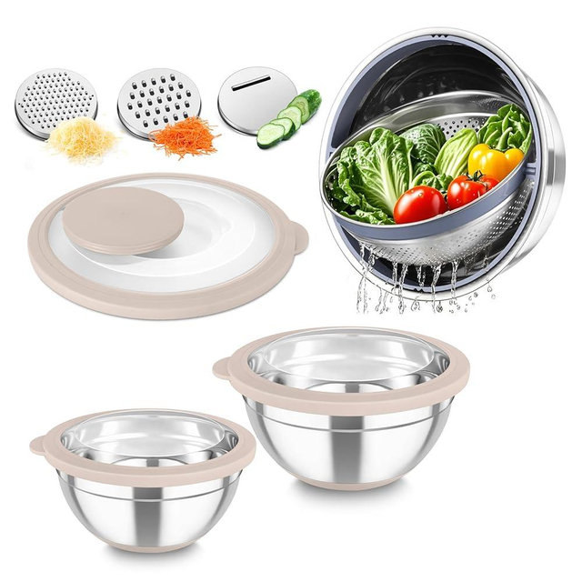 TeamFar Mixing Bowls with Colander Set, Stainless Steel Strainer and Nesting Salad Bowls, with Lids & 3 Graters, Non-Slip Bottom & Visible Lid, Rotatable & Dishwasher Safe, 4.6/3/1.5 QT, Khaki