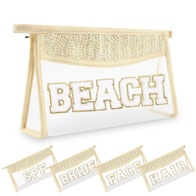 Small Boho Straw Clear Beach Makeup Bags for Women&Girls, Zipper Cosmetic Bag Chenille Varsity Letter Patch Bag, Preppy Cute Toiletry Pouch, Trendy Organizer Storage Bag for Beach Travel Essentials