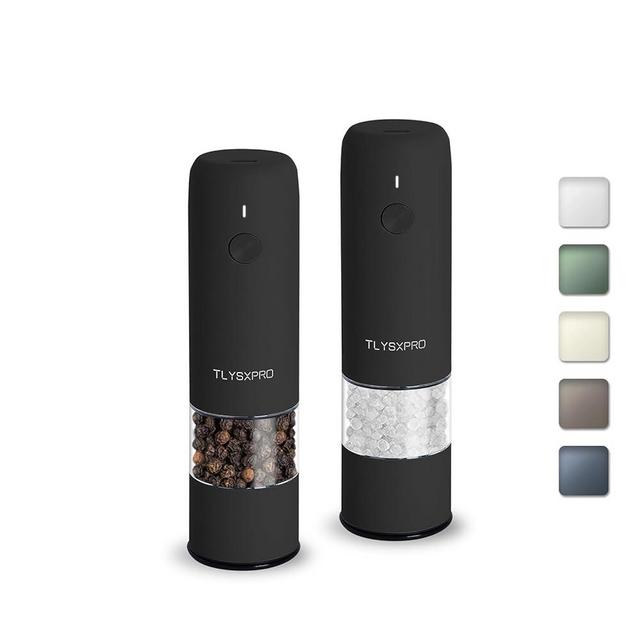 Small Electric Salt and Pepper Grinder Set, USB Rechargeable, Automatic Pepper Mill Grinder with Adjustable Coarseness, Electric Salt Shakers, One Hand Operation for Kitchen (2 Packs, Black)