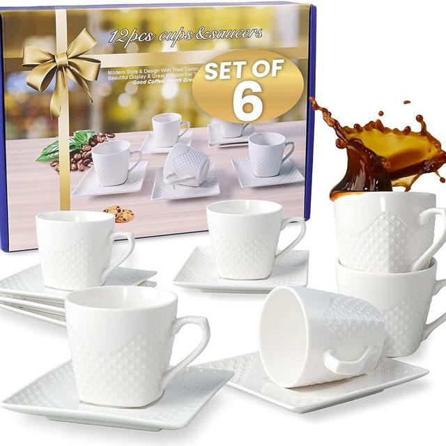 FUOCCI Espresso Cups With Saucer 3oz/90ml, Turkish Coffee Cup Set, White Espresso Cups Set of 6 Italian Style, Demitasse Espresso Cup Set, Modern Espresso Coffee Cups, Tasas de Cafe Expreso Modernas