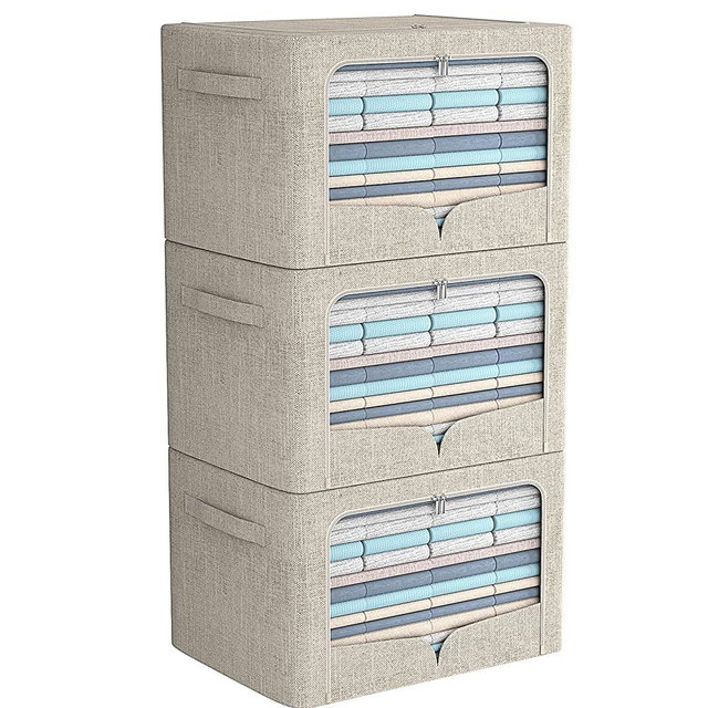 3 Pack Clothes Storage Bins - Foldable Metal Frame Storage Box - Stackable Linen Fabric Container Organizer Set with Carrying Handles and Clear Window (Beige, 19.7x15.7x12.6inch(66L))