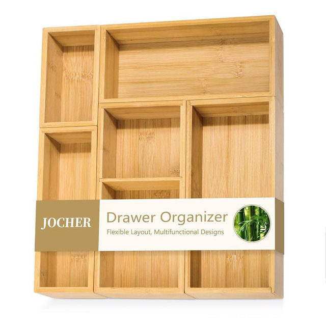 JOCHER Bamboo Drawer Organizer Set, Multi-Purpose Bamboo Organizer, Wooden Storage Organizers for Kitchen, Bathroom, Makeup Desk, Office Desk, Jewelry, Utensils, Tea Drawer