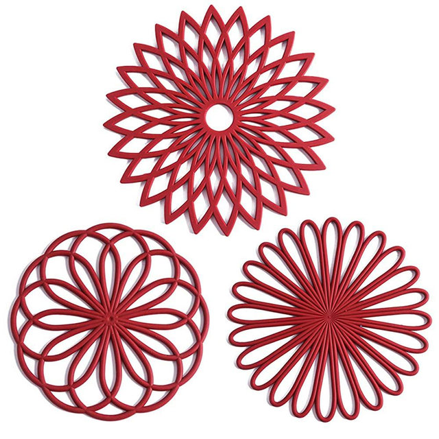 Set of 3 Silicone Trivet Mat - Hot Pot Holder Hot Pads for Table & Countertop - Trivet for Hot Dishes - Non-Slip & Heat Resistant Modern Kitchen Hot Pads for Pots & Pans,Merlot Red