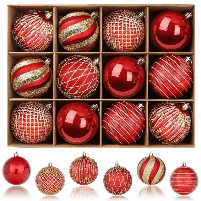 SHareconn 80mm Christmas Balls Ornaments,12PCS Colored Shatterproof Plastic Decorative Hanging Tree Decorations Baubles Set for Xmas Tree Decor Holiday Party Wedding Decoration with Lanyard,Red & Gold