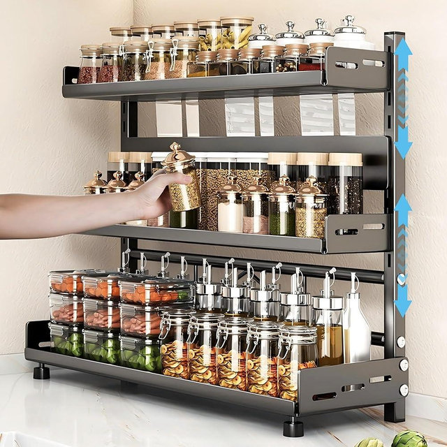 VORA Spice Rack for Countertop, 3 Tier Height-Adjustable Spice Organization for Cabinet, Kitchen Countertop Organizer, Metal Standing Large Seasoning Storage Shelf, Black