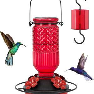 FEED GARDEN Glass Hummingbird Feeder for Outdoors Hanging, 16 OZ Humming Birds Feeders with 4 Bee Guard Feeding Ports & Built-in Ant Moat, Bird Feeder for Outside, Gifts for Women Mom, Red