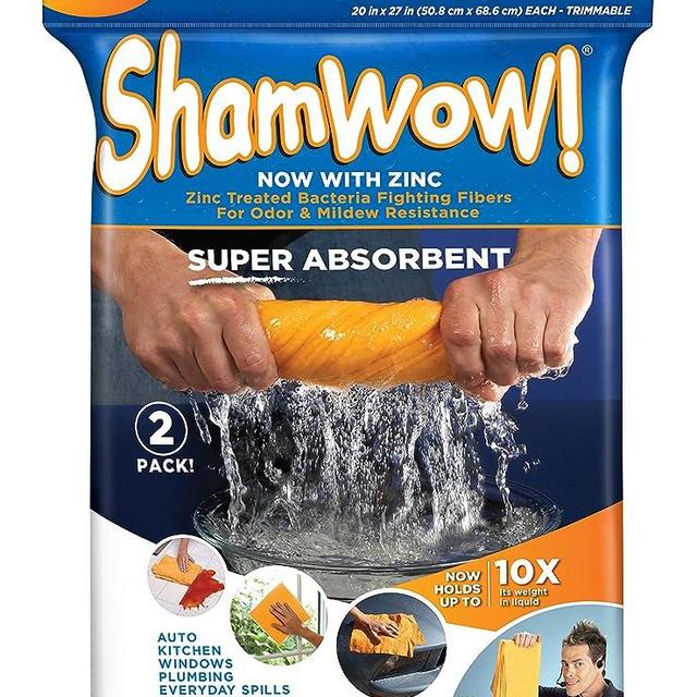 ShamWow- New & Improved Super Absorbent Multipurpose Cleaning Cloth Chamois Towel- Zinc Treated Odor Fibers (2 Pack)