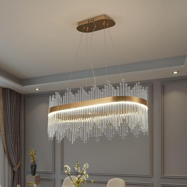 Viruhaka Modern Crystal Chandelier Light Fixture Pendant Light Golden Tassels Island Light Oval Hanging Ceiling Light for Dining Room Kitchen Island,Living Room Foyer 60W, 3 Color Changeable…