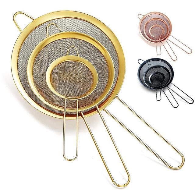 Kyraton Gold Fine Mesh Strainer 3 Pieces Set, Golden Flour Sifter For Baking, Stainless Steel Clander, Matcha Tea Strainer, Gravy Separator, Stasher Sieve Pasta Strainers