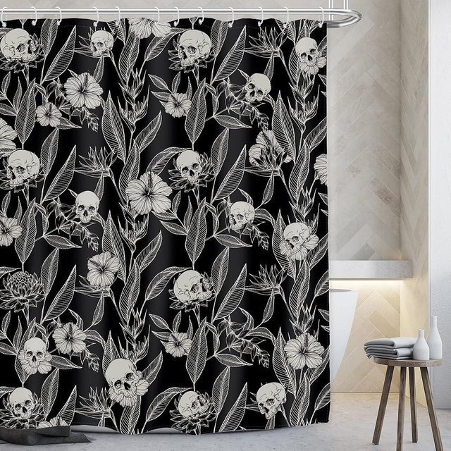 AMBZEK Black Skull Floral Shower Curtain 72Wx72L Inch Men Gothic Spooky Skeleton Goth Flower Leaves Halloween Cool Artwork Cloth Fabric Waterproof Polyester Bathroom Decor Set with 12 Pack Hooks