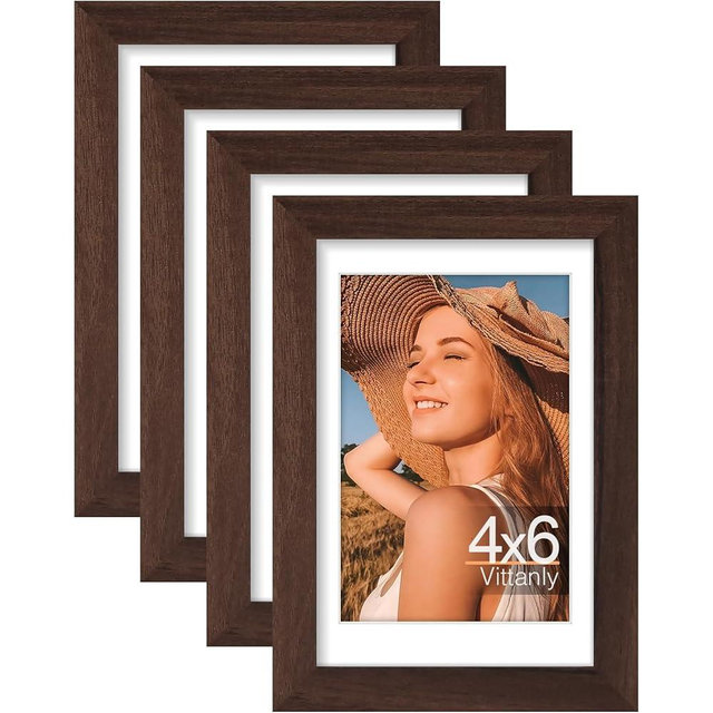 Vittanly 4x6 Picture Frame Set of 4, Display Pictures 3.5x5 with Mat or 4x6 without Mat, Engineered Wood with Shatter Resistant Plexiglass, Small Photo Frames for Wall or Tabletop Display, Brown