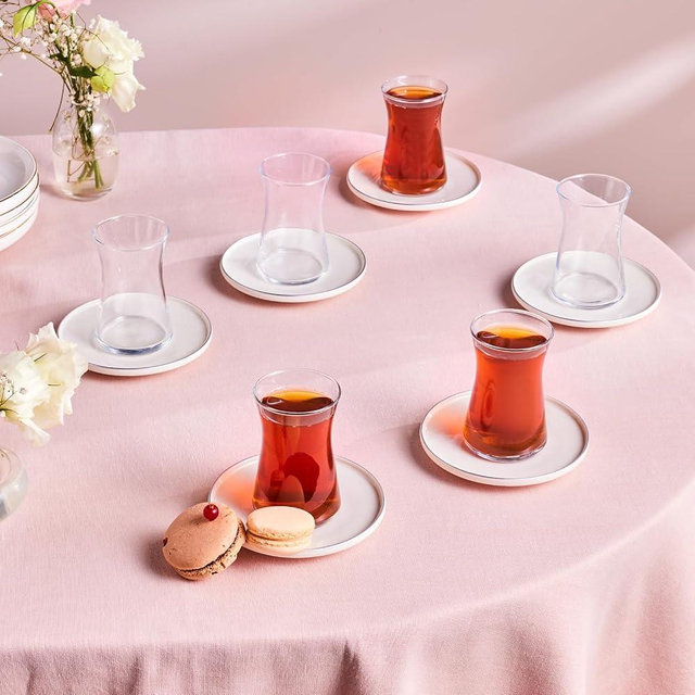 KARACA Streamline Saturn 12-Piece Turkish Tea Cups for 6 People, 5.75 fl oz Turkish Tea Glasses Set, Durable Glass with Platin Detailing & White Color Saucers