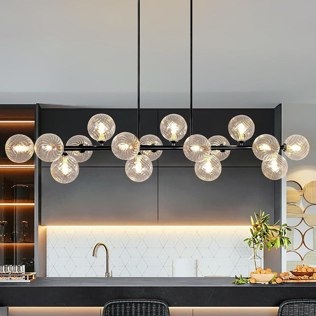 Modern Chandeliers for Dining Room, 16-Light Large Linear Chandelier Sputnik Chandeliers 55" Black Dining Room Light Fixture Clear Globe Sputnik Ceiling Light Fixture Bubble Chandelier Kitchen Island