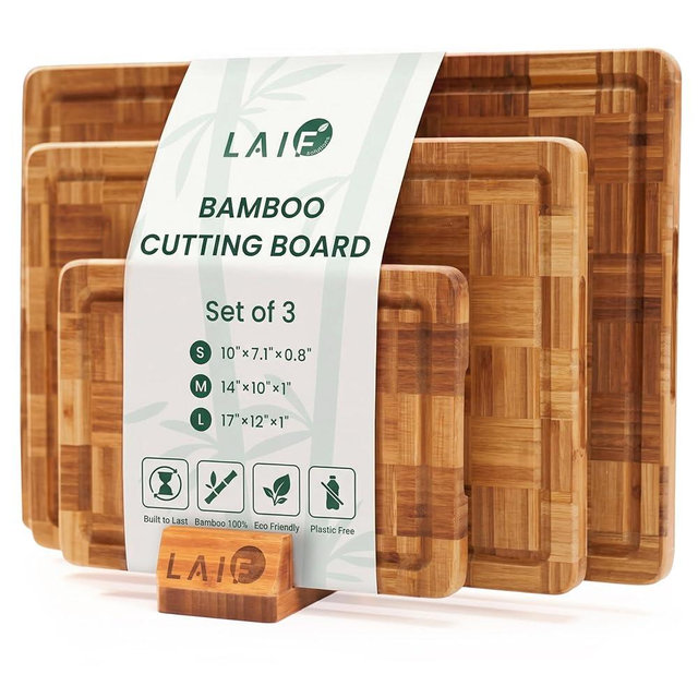 Premium Carbonized Bamboo Cutting Boards – Durable Wooden Chopping Boards with Juice Grooves – Small, Medium, Large & 3-Piece Set – Eco-Friendly, Thick, Crack-Resistant, Easy Grip (Set of 3)
