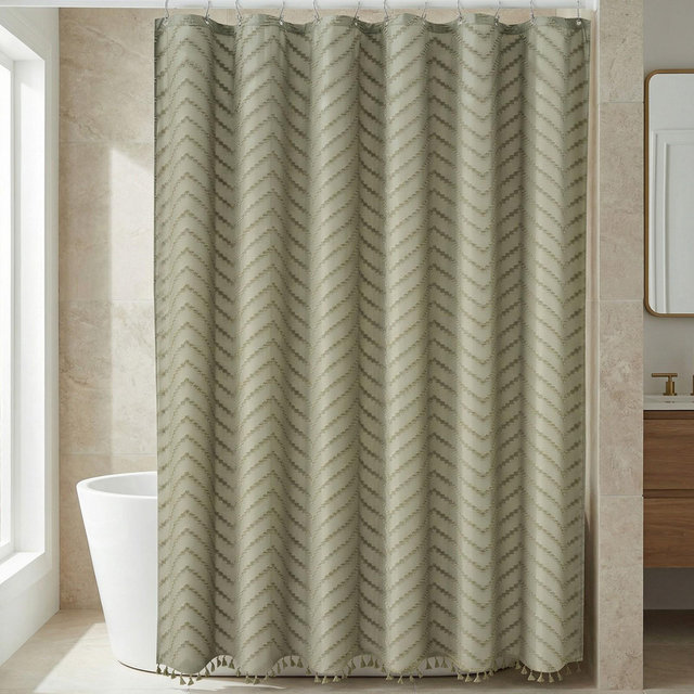 REGALWOVEN Boho Farmhouse 3D Wavy Striped Shower Curtain with Tassel Shower Curtain Sets with 12 Hooks, Water-Repellent Fabric 72 x 72 Inch 1 Pc Green