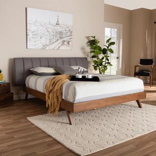 Brita Mid-Century Modern Upholstered Walnut Finished Wood Bed