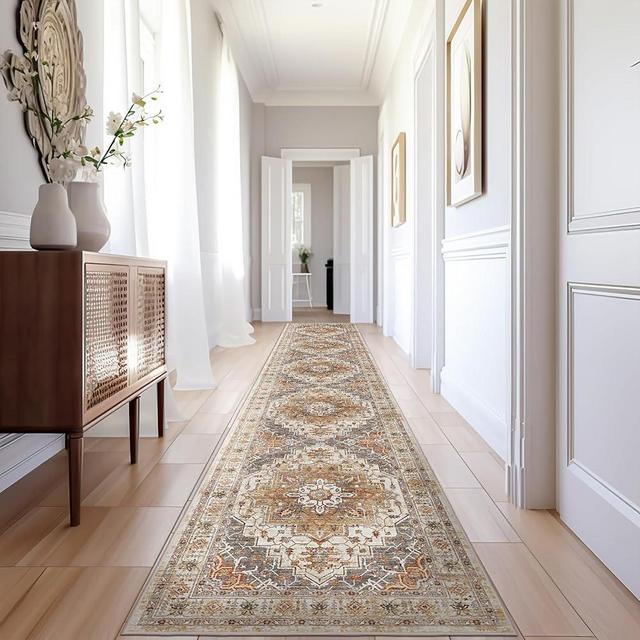 Madane Hallway Runner Rug 2x12, Extra Long Washable Runner Rugs with Rubber Backing, Non Slip Carpet Runner, Vintage Rug Runners for Kitchen Laundry Room Entryway (Turmeric/Grey, 2'x12')