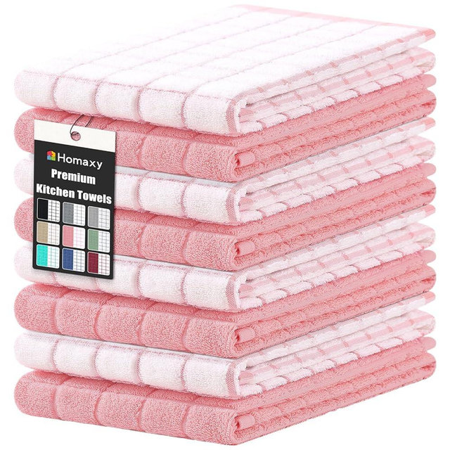 Homaxy Premium Cotton Kitchen Towels 16"x 28", Large Natural Ring Spun 390 GSM Dish Towels, Super Absorbent Terry Kitchen Hand Towels, Soft Tea Towels with Hanging Loop, Pink Check Design, 8 Pack