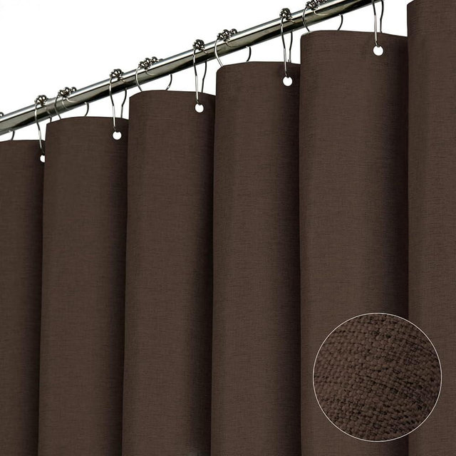 BTTN Stall Fabric Shower Curtain - 54x78 Inch Long Linen Textured Heavy Duty Shower Curtain Set with 10 Plastic Hooks, Narrow Hotel Luxury Weighted Thick Cloth Curtains for Bathroom Showers - Brown