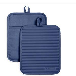 KitchenAid Ribbed Soft Silicone Pot Holder 2-Pack Set, Blue Willow, 7"x9"