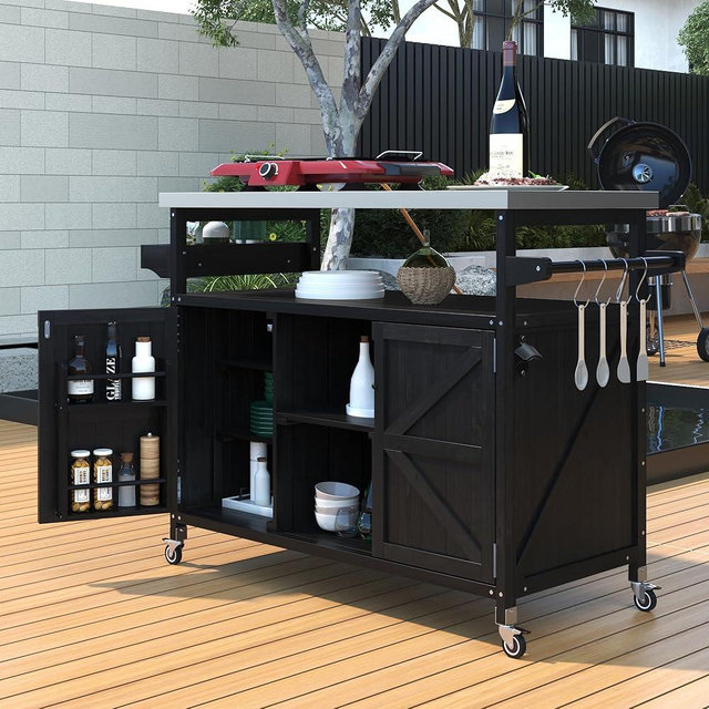 Outdoor Kitchen Rolling Bar Cart with Storage Cabinet, Farmhouse Solid Wood Outdoor Grill Table with Stainless Steel Top, Spice Rack and Towel Rack, Perfect for Barbecue Poolside Patio (Black)