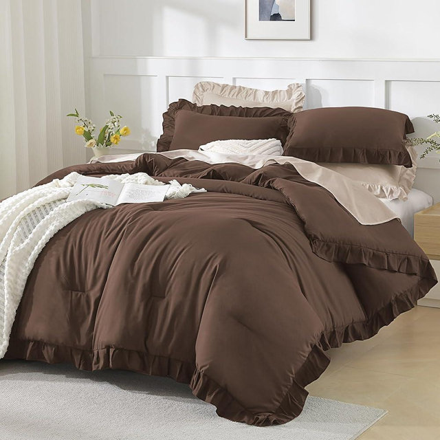 Andency Brown King Size Comforter Set, 3 Pieces Solid Farmhouse Shabby Chic Bedding Comforters & Sets, All Season Western Rustic Soft Down Alternative Bed Set for Adult Men Women